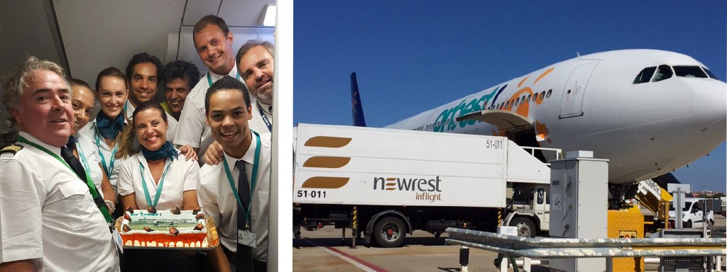 L'équipe de Newrest Portugal et un avion au sol de la compagnie Orbest